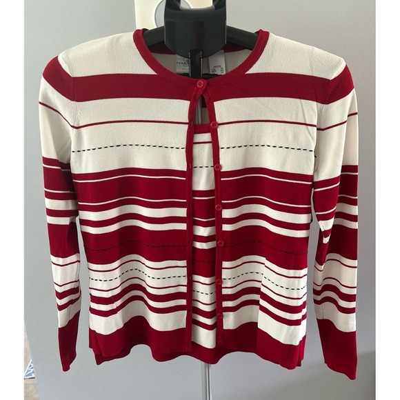 Emma James Women's Red White Black Stripped‎ Cardigan Set Size XL petite - Picture 1 of 11